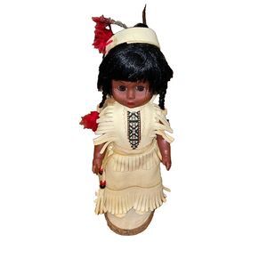 Vintage Native American Indian Girl Doll on Wooden Slice Leather Dress 12"